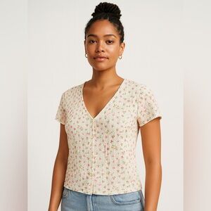 Mango MNG Fidela Button Texture T-Shirt | Cream Floral Feminine Spring Top (S)